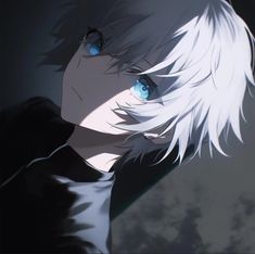 an anime character with white hair and blue eyes looking at the camera while standing in front of a dark background