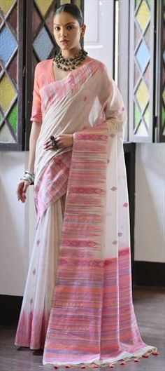 White and Off White color Saree in Cotton fabric with Printed, Weaving work White Wedding Saree With Weaving Work, White Cotton Saree With Motifs, White Saree With Woven Motifs In Traditional Drape, White Saree With Woven Motifs, White Cotton Saree For Weddings, Multicolor Cotton Fabric For Wedding, Festive White Fabric With Motifs, Traditional White Cotton Fabric, White Wedding Saree Fabric