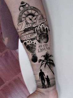 a person with a tattoo on their arm holding a hand and palm tree in front of them