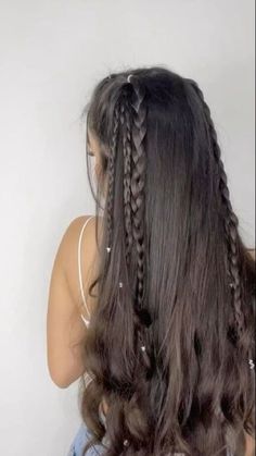 Whimsical Long Hairstyles, Semi Braided Hairstyles, Trendy Hairstyles Half Up Half Down, Hairstyles For Long Dark Brown Hair, Hairstyles Cute Braids, Hair Styles For Long Hair Down, Cute Hairstyles For Long Black Hair, Simple Wedding Hairstyles Long Hair, Fun Simple Hairstyles