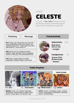 the character list for celeste from naruta and other anime characters is shown in