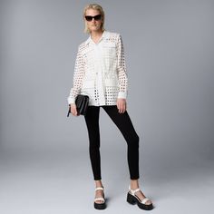 Women's Simply Vera Vera Wang Eyelet Jacket Summer Button-up Outerwear With Button Cuffs, Versatile Spring Outerwear With Buttons, Trendy Outerwear With Button Closure For Daywear, Chic Outerwear With Button Cuffs For Daywear, Chic Button-up Outerwear For Daywear, Chic Summer Outerwear With Button Cuffs, Versatile Spring Outerwear With Button Closure, Chic Outerwear With Button Cuffs For Day Out, Chic Summer Outerwear With Hidden Button Closure