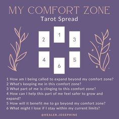 a purple background with the words, my comfort zone tarot spread and four squares