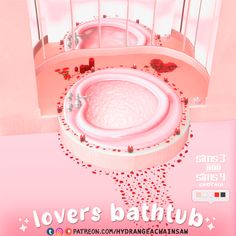 the bathroom is decorated in pink and has hearts all over it's bathtub