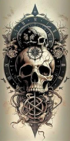 a drawing of a skull with a pen and compass on it's forehead, in front of a clock