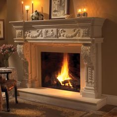 Shown in Natural Stone Finish Wooden Mantle Fireplace Antique, Farmhouse Fireplace Mantels, Cast Stone Mantel, Stone Fireplace Designs, Cast Stone Fireplace, Fireplace Mantel Surrounds, Stone Fireplace Mantel, Classic Fireplace, Stone Mantel