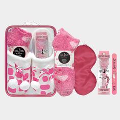 Includes Gal Pal Exfoliating Face Brush to cleanse & soften; Overnight Treatment Socks with nourishing Lavender and Jojoba Oils; Slumber Mask for deep relaxation; Nail File to shape & smooth; and luscious Pom Pom Slippers lined with fluffy goodness. WARNING: Cancer and Reproductive Harm – www.P65Warnings.ca.gov Pink Spa Party, Spa Things, Exfoliating Face Brush, Event Planning Themes, Tiffany Birthday, Pom Pom Slippers, Exfoliating Face, Pastel Easter, Spa Set