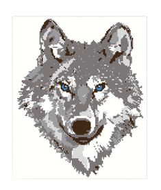 a gray wolf with blue eyes is shown in the shape of a cross stitch pattern