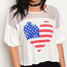 Women's T-Shirt With American Flag. Made In Usa Summer Tops With Heart Graphic And Crew Neck, Casual Short Sleeve Tops With Heart Graphic, Summer Flag Print T-shirt With Relaxed Fit, Spring Graphic Tee With Heart Design, Spring Short Sleeve Top With Heart Graphic, White T-shirt With American Flag Print For Spring, Summer Flag Print Short Sleeve Tops, Short Sleeve Graphic Tee With Heart Graphic, American Flag Print Relaxed Fit Tops For Spring