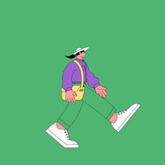 a man with a hat and backpack is walking on the green background, wearing white shoes