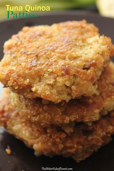 three food items stacked on top of each other in front of the words, tuna quinoa patties