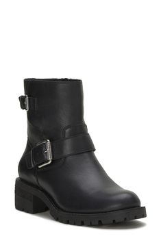 Twin buckle straps double the casual-chic appeal of a leather bootie set on a just-right block heel. 3" heel 5 3/4" shaft Leather upper/synthetic lining/rubber sole Imported Half Boots, Leather Booties, Cuba, Bootie, Lucky Brand, Casual Chic, Block Heels, Leather Upper, Nordstrom