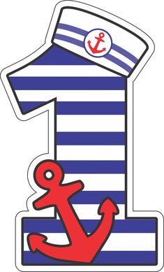 a blue and white striped number one with an anchor on the front, and a red stripe