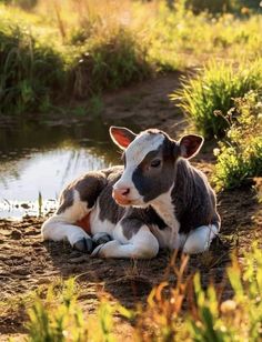 a baby cow laying on the ground next to a body of water with grass in the background