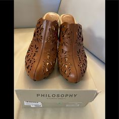 A Gorgeous And Authentic Pair Of Philosophy Springy Closed Toe Open Back High Heeled Clogs! Available With Original Box! Made In Italy! Brown Leather Clogs With 4-inch Heel, Brown Slip-on Platform Heels, Elegant Brown Clogs With Wooden Heel, Brown Platform Slip-on Heels, Elegant Clogs With 4-inch Heel And Round Toe, Formal Brown Clogs With Wooden Heel, Elegant Brown Open Toe Clogs, Leather Clogs With 4-inch Heel For Spring, Brown Mules With 4-inch Heel For Spring