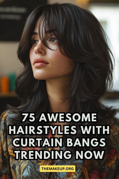 75 Awesome Hairstyles With Curtain Bangs Trending Medium Curtain Bangs Hair With Layers, Medium Length Wavy Hair Curtain Bangs, Short Haircuts For Women With Curtain Bangs, Curled Bangs Hairstyles, Deep Curtain Bangs, Shaggy Long Hair Curtain Bangs, Shaggy Layers With Curtain Bangs, Sleek Hairstyles With Bangs, Half Up With Curtain Bangs