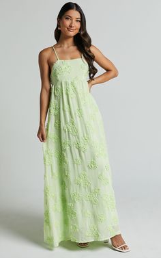 Claya Maxi Dress - Sleeveless Straight Neckline Floral Detail Dress in Lime | Showpo USA Flowy Formal Dress, Exec Photoshoot, Summer Spritz, Lime Dress, Basic Black Dress, Neon Outfits, Bachelorette Dress, Cocktail Night, Dress Backless