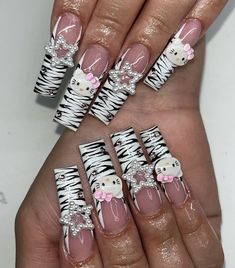 Long Zebra Nails, Zebra Nails Acrylic, Nail Design Valentine, Zebra Acrylic Nails, Jasmine Nails, Nail Winter, Anime Y2k, Bling Nail Art