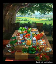 a painting of a table full of food and drinks in front of a large tree