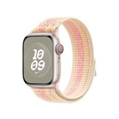 an apple watch with a pink and yellow band on it's wristband, showing the