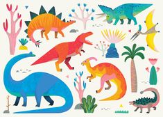 an assortment of dinosaurs and plants on a white background with blue, green, red, orange, and yellow colors