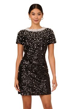 Be the topic of cocktail conversation in a sparkling minidress instantly accessorized with pearly baubles at the neckline and covered in shimmering sequins. 36" length Hidden back-zip closure Jewel neck Short sleeves Lined 100% polyester Spot clean Imported Wedding Cocktails, Short Sleeve Mini Dress, Jewel Neck, Adrianna Papell, Mini Dress With Sleeves, Cocktail Dress Party, Wedding Guest Dress, Faux Pearl, Wedding Party