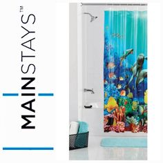 a shower curtain with an underwater scene on it and the words main stay written in black