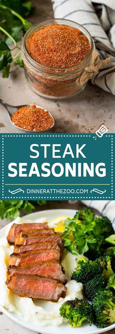 steak seasoning on a plate with broccoli and mashed potatoes