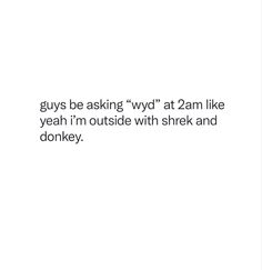 the text says guys be asking wyd at 2am like yeah i'm outside with shrek and donkey