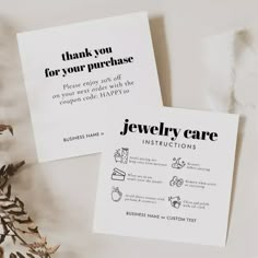 two thank cards with the words, thank you for your purchase and jewelry care instructions