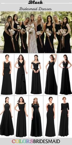 the bridesmaid dresses are all different styles and colors, but one is black