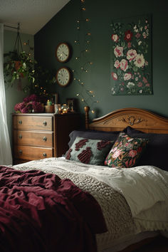 romantic bedroom, dark bedroom, moody bedroom, feminine bedroom Moody Bedroom Burgundy, Bedrooms With Colorful Bedding, Room Color Inspo Bedroom, Dark Wall Room Ideas, Cranberry Bedroom Ideas, Navy Blue And Burgundy Bedroom Ideas, Mixed Color Furniture In Bedroom, Unique Room Colors, Moody Colorful Bedroom