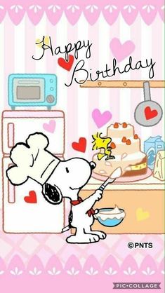 a happy birthday card with a cartoon dog in front of a cake on the stove