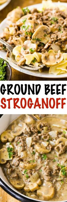 three different images of ground beef stroganonoff casserole