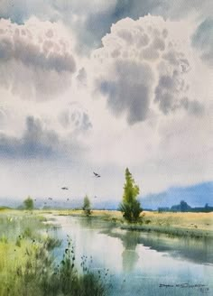 a watercolor painting of clouds and trees in the sky over a body of water