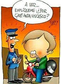 a cartoon depicting a policeman talking to a man who is on a motorbike