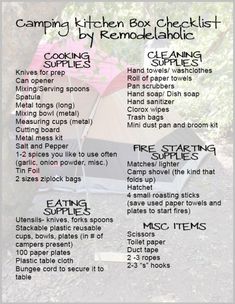 the camping kitchen box checklist is shown with instructions for how to set up it