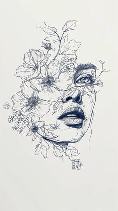 a drawing of a woman's face with flowers in her hair and the image is drawn