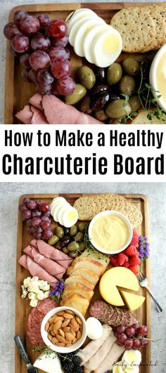 a wooden tray filled with different types of cheeses and crackers on top of each other