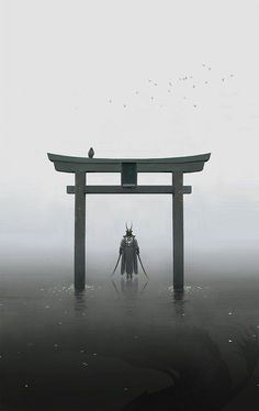 a person standing in front of a gate with birds flying over it on a foggy day