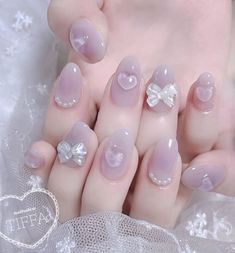 Purple Blush Nails, Gel Nails With Charms, Kawaii Nails With Charms, Sanrio Nails Acrylic, Nail Charm Designs, Pink Blush Nails, Purple Jelly Nails, Bear Nails, Korean Nail Art