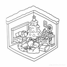 a black and white drawing of a christmas tree with presents in front of the fireplace