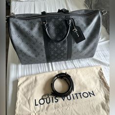 Authentic Keepall Monogram Eclipse Reverse 50mm Mint Condition Good As New Comes With Dust Bag And Original Accessories Can Ship With Original Lv Box For Additional Luxury Gray Business Bags, Luxury Gray Bag With Palladium Hardware, Designer Gray Bag With Branded Hardware, Lv Keepall, Bags Louis Vuitton, Louis Vuitton Keepall, Louis Vuitton Bags, Black Outfit, Travel Luggage