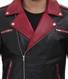 Introducing our striking Leather Moto Jacket Black with a captivating look. This stylish men's jacket showcases a maroon collar, lapels, and trim, adding a unique and exciting look to your ensemble. Crafted from 100% Genuine First Quality Nappa Sheepskin Leather, this moto jacket boasts a smooth and soft texture of magnificent quality. The remarkable craftsmanship is evident in every detail, ensuring a top-of-the-line piece that will exceed your expectations. Featuring a belted waist and shoulde Artisan Fashion, Maroon Leather, Leather Moto, Leather Moto Jacket, Moto Jacket, Stylish Men, 50 Years, Smooth Leather, Over 50