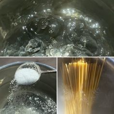 spaghetti being cooked in a large pot with water and oil on the side, then boiling