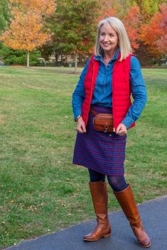 Dressed For My Day, Simple Sweatshirt, Red Puffer Vest, Blue Cargo Pants, Chambray Denim Shirt, Plaid Wool Skirt, Chambray Tunic, Best Winter Outfits, Chambray Shirt Dress