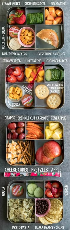 an assortment of different types of food in tins with labels on the top and bottom