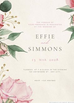 a wedding card with pink flowers and greenery