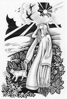 a black and white drawing of a woman walking with her dog in the woods, surrounded by flowers