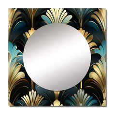 a round mirror sitting on top of a wall next to a black and gold background